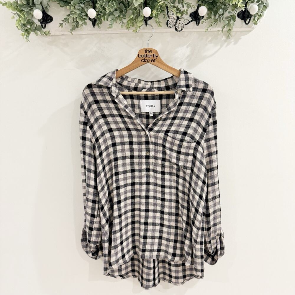 Pistola Women’s Plaid Flannel Popover Long Sleeve Size Small Oversized 44576